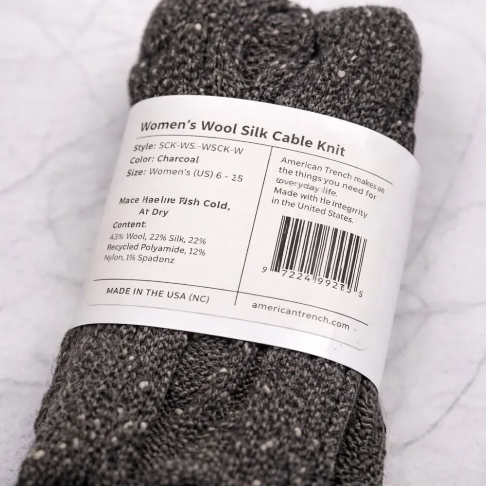 American Trench Premium Wool Silk Cable Knit Socks Charcoal Gray USA Women NWT